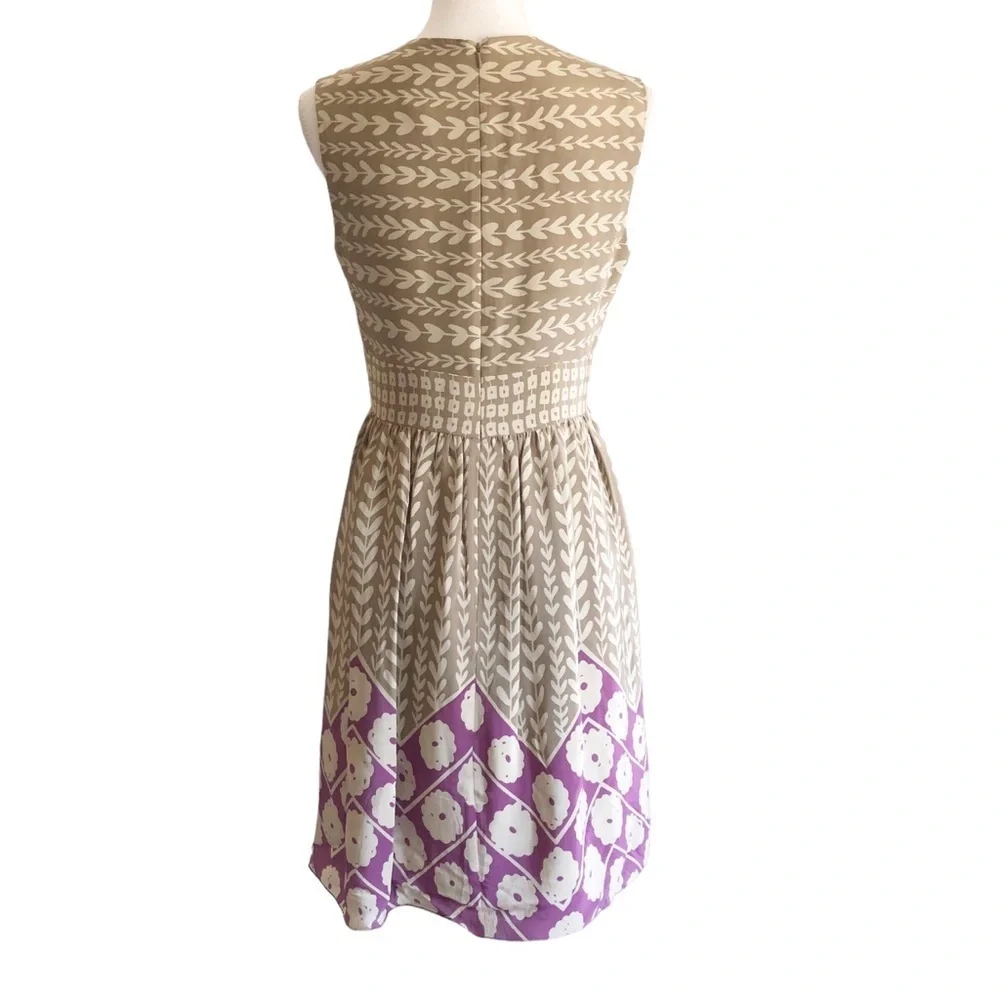 Sleeveless V-Neck Beige and Purple Patterned Women's Dress - Picture 8 of 12